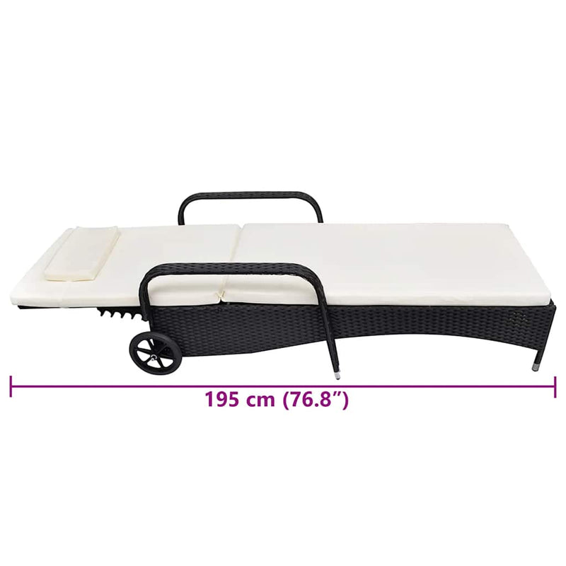 Sun Lounger with Cushion & Wheels Poly Rattan Black