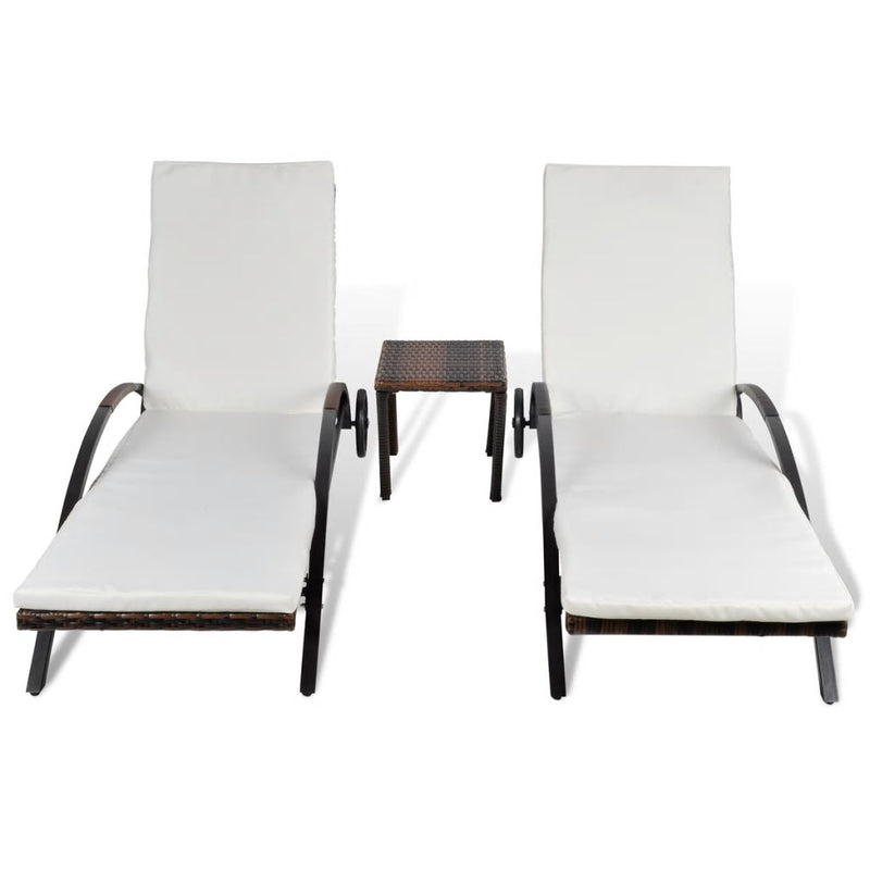 Sun Loungers with Table Poly Rattan Brown