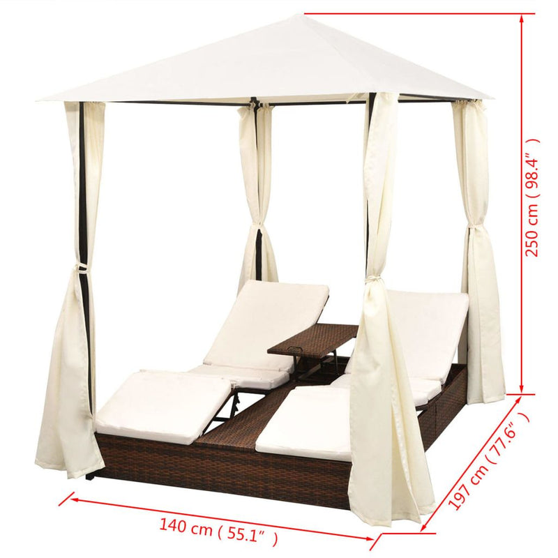 Double Sun Lounger with Curtains Poly Rattan Brown.