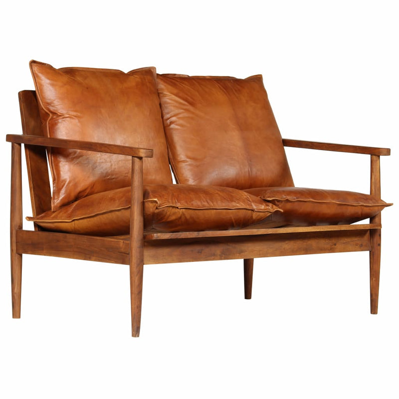 2-Seater Sofa Real Leather with Acacia Wood Brown