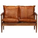 2-Seater Sofa Real Leather with Acacia Wood Brown
