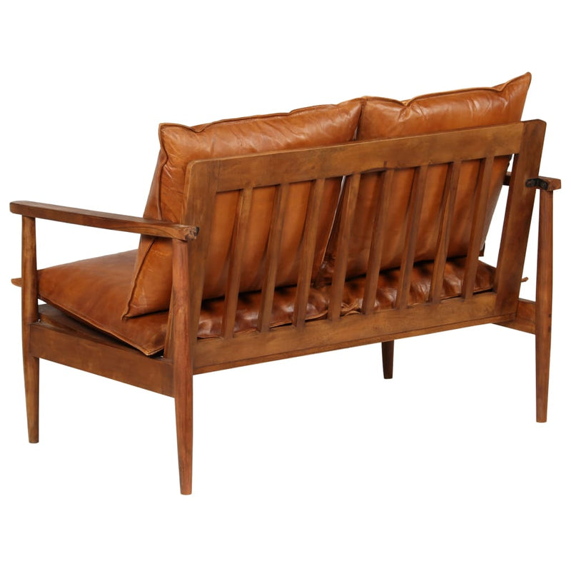 2-Seater Sofa Real Leather with Acacia Wood Brown