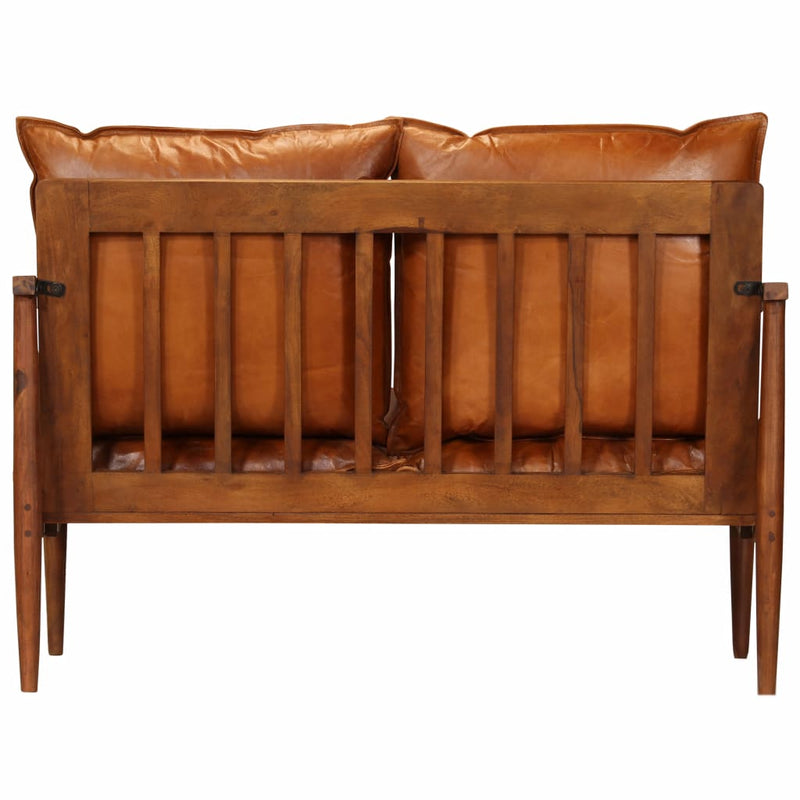 2-Seater Sofa Real Leather with Acacia Wood Brown