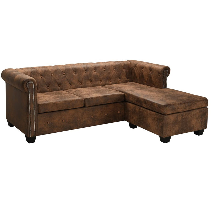 L-shaped Chesterfield Sofa Artificial Suede Leather Brown