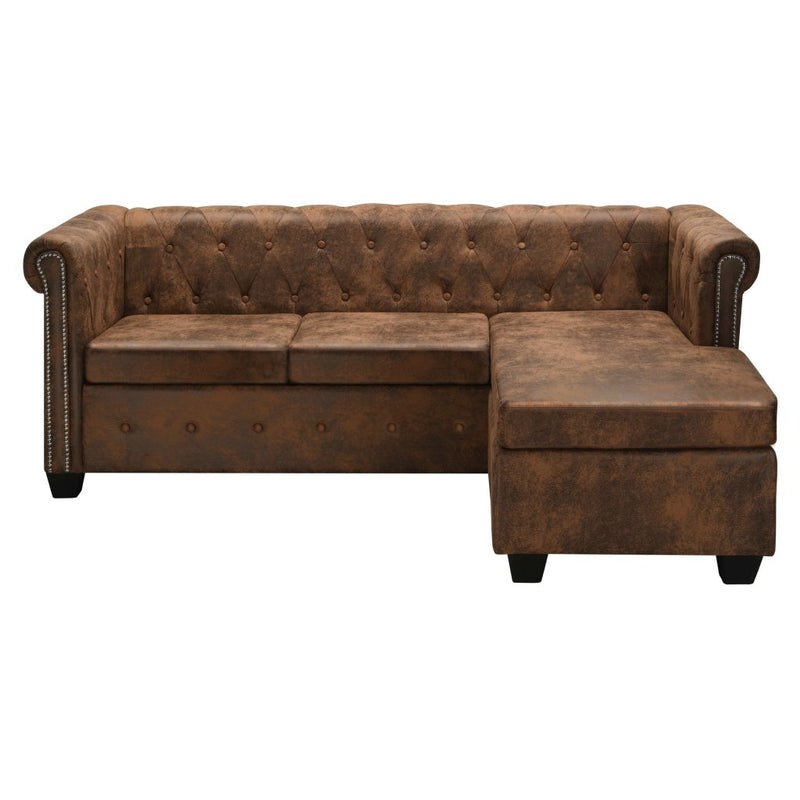 L-shaped Chesterfield Sofa Artificial Suede Leather Brown