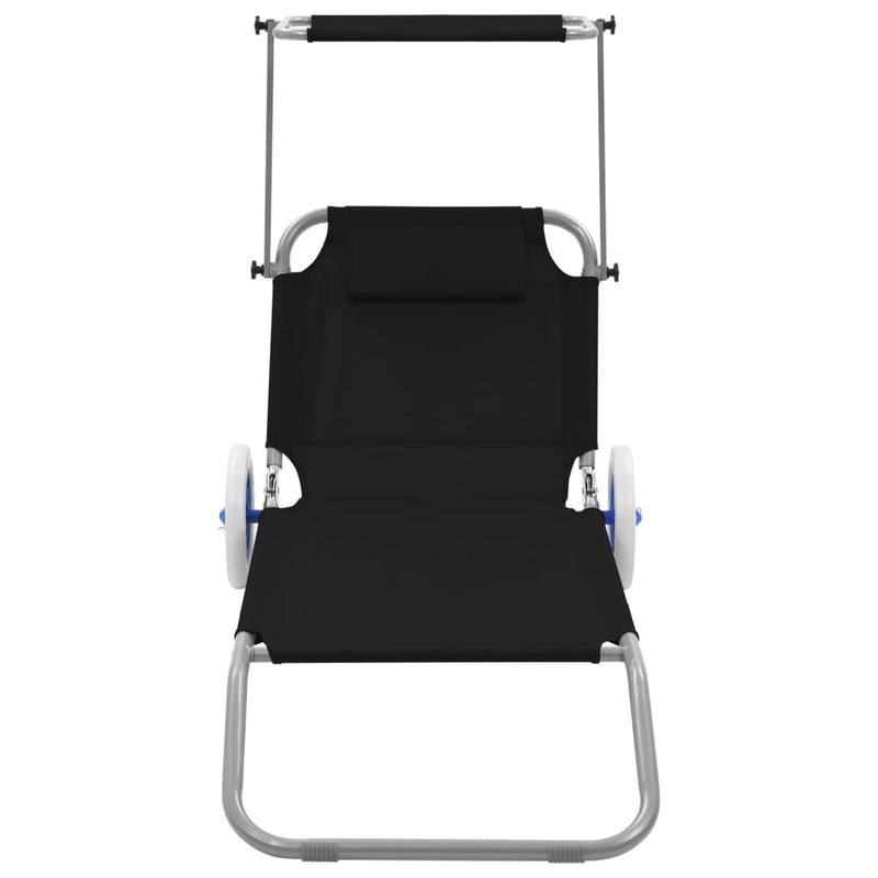 Folding Sun Lounger with Canopy and Wheels Steel Black