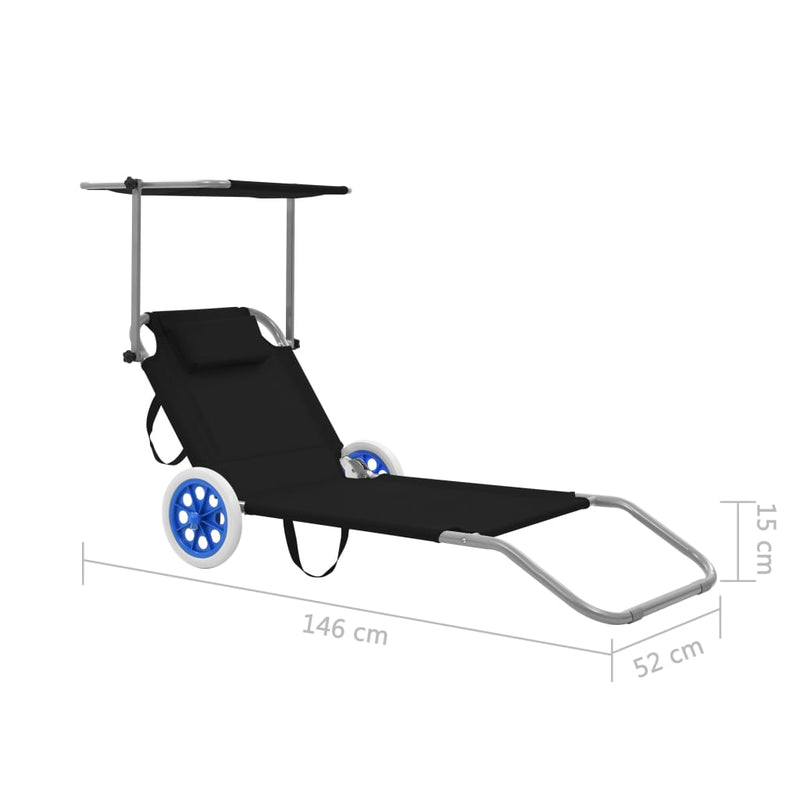 Folding Sun Lounger with Canopy and Wheels Steel Black