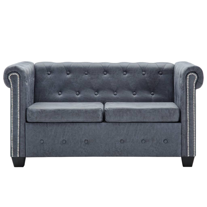 Chesterfield Sofa Set Artificial Suede Leather Grey