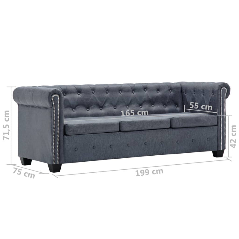 Chesterfield Sofa Set Artificial Suede Leather Grey