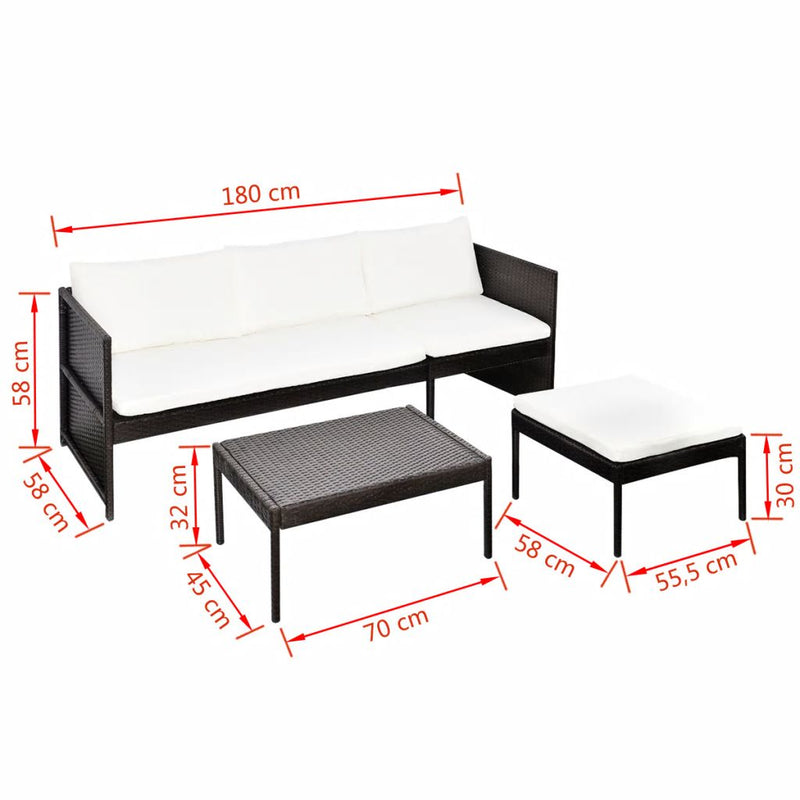 3 Piece Garden Lounge Set with Cushions Poly Rattan Brown