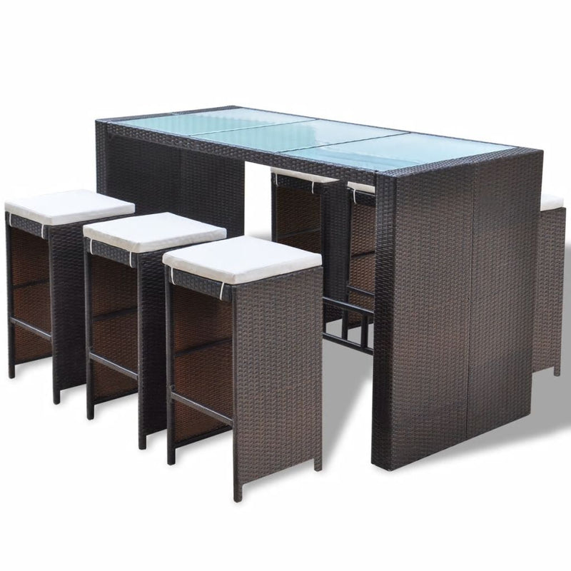 7 Piece Garden Bar Set with Cushions Poly Rattan Brown