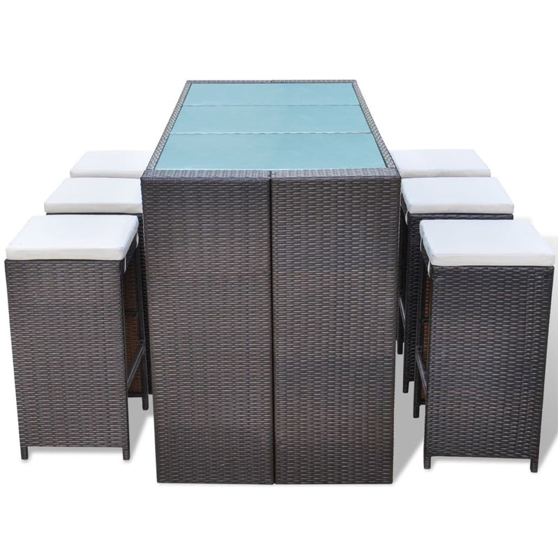 7 Piece Garden Bar Set with Cushions Poly Rattan Brown