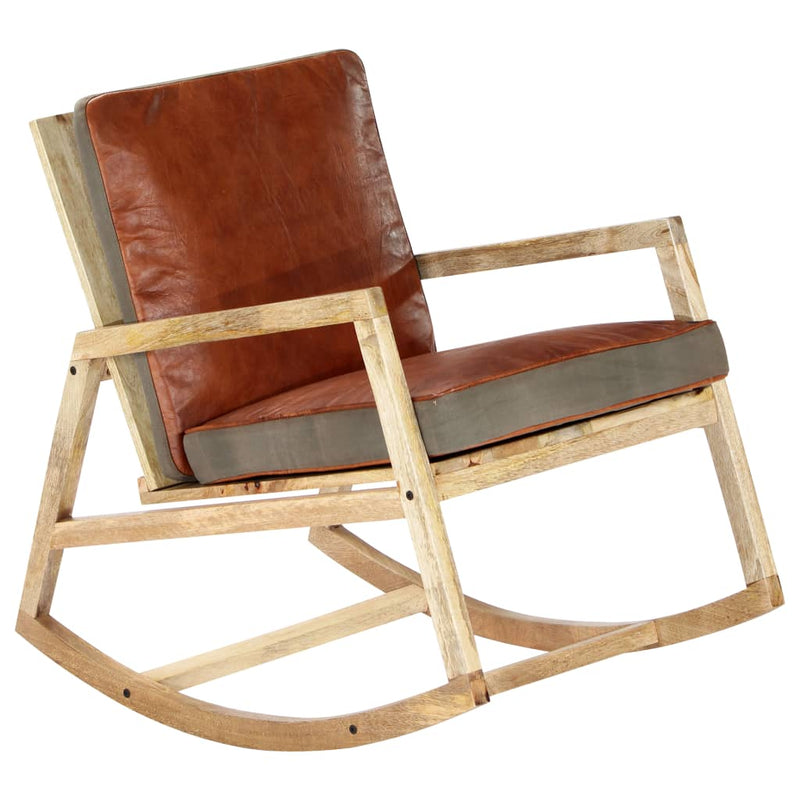 Rocking Chair Brown Real Leather and Solid Mango Wood