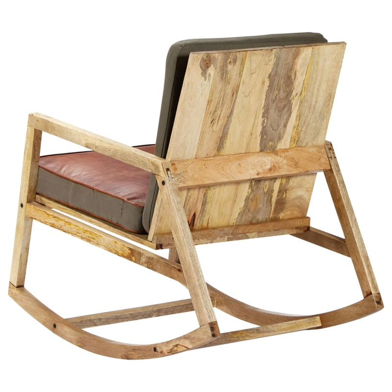 Rocking Chair Brown Real Leather and Solid Mango Wood