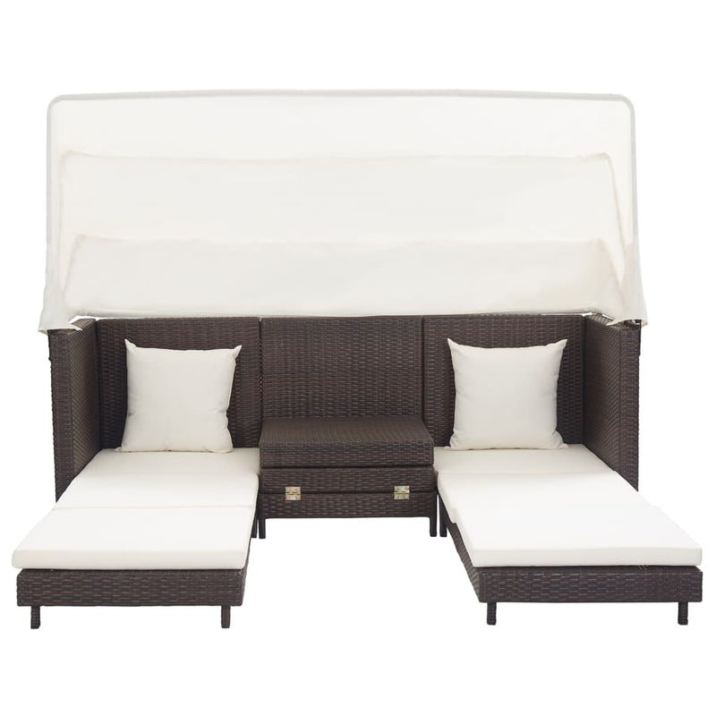 Extendable 3-Seater Sofa Bed with Roof Poly Rattan Brown