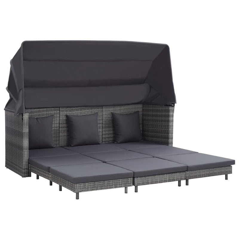 Extendable 3-Seater Sofa Bed with Roof Poly Rattan Grey