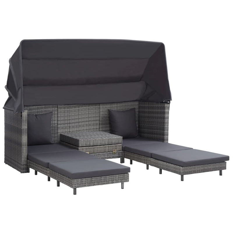 Extendable 3-Seater Sofa Bed with Roof Poly Rattan Grey