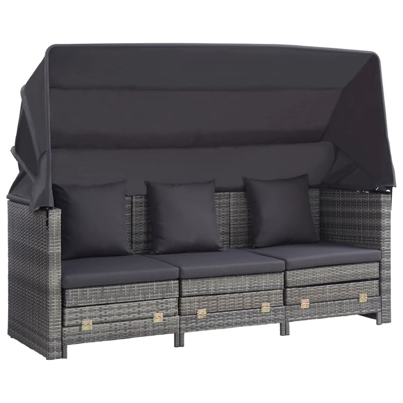 Extendable 3-Seater Sofa Bed with Roof Poly Rattan Grey