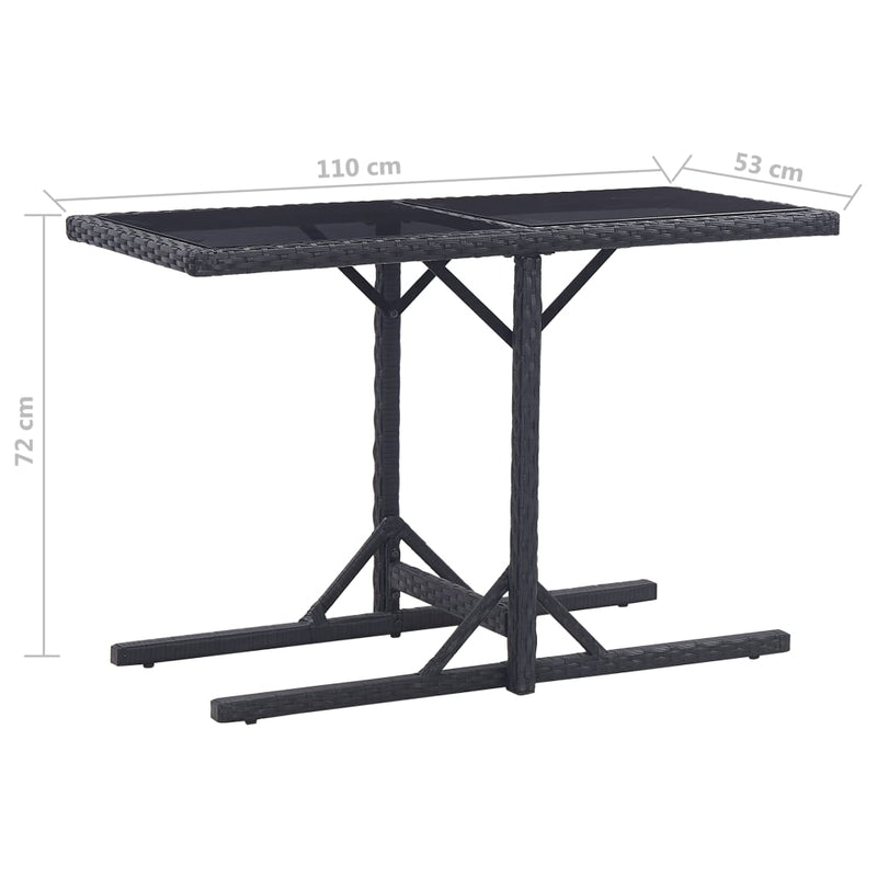 Garden Table Black 110x53x72 cm Glass and Poly Rattan