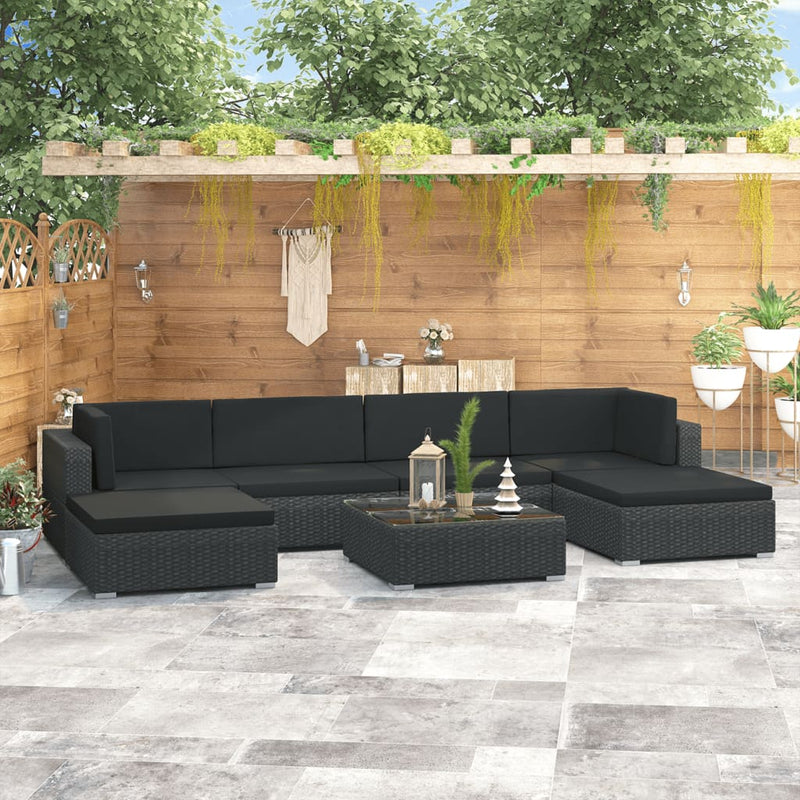 7 Piece Garden Lounge Set with Cushions Poly Rattan Black