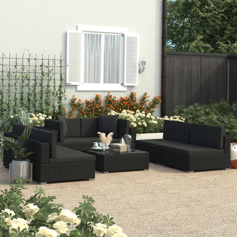 7 Piece Garden Lounge Set Black with Cushions Poly Rattan