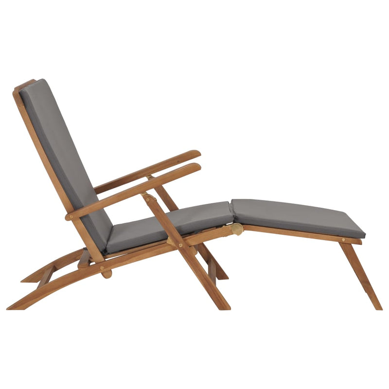 Deck Chair with Cushion Dark Grey Solid Teak Wood