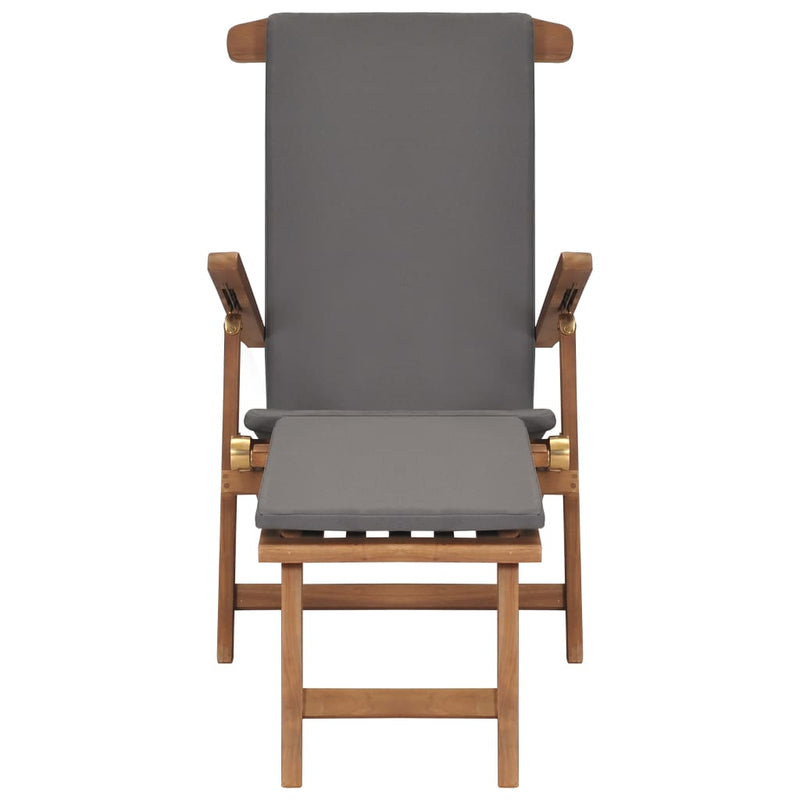 Deck Chair with Cushion Dark Grey Solid Teak Wood