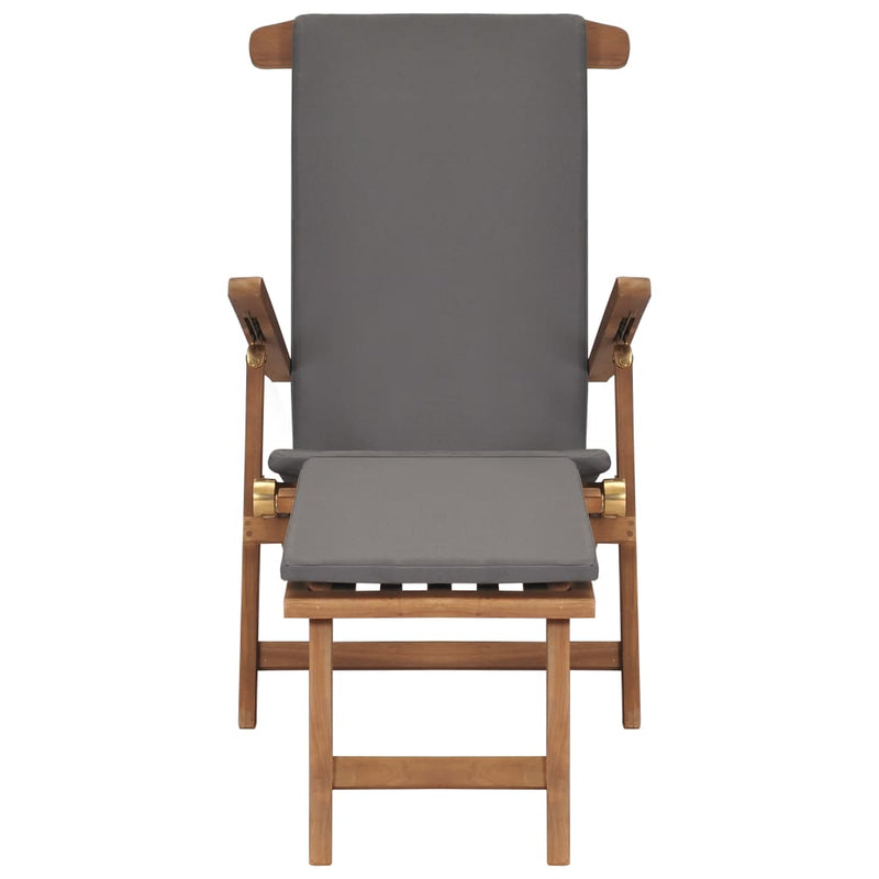 Deck Chair with Cushion Dark Grey Solid Teak Wood