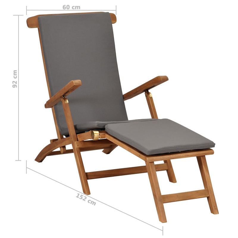 Deck Chair with Cushion Dark Grey Solid Teak Wood