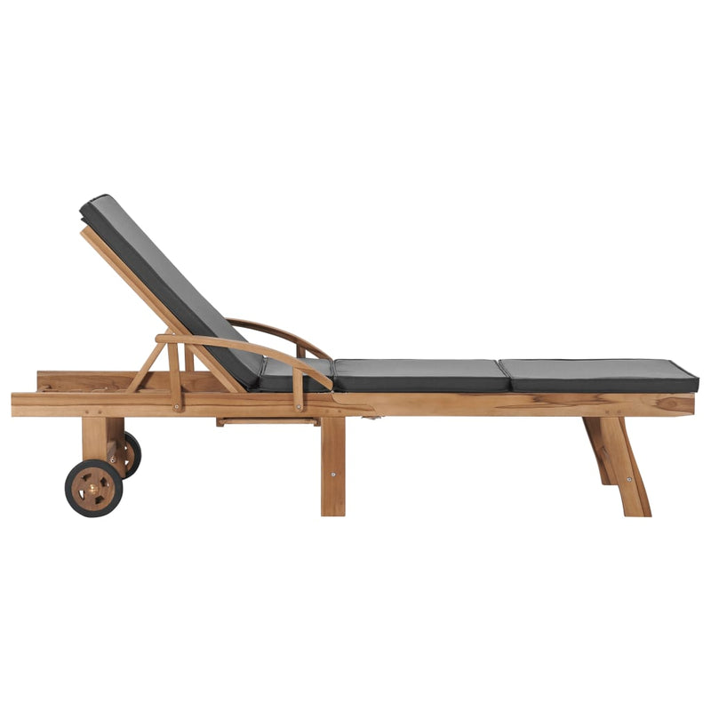 Sun Lounger with Cushion Solid Teak Wood Dark Grey
