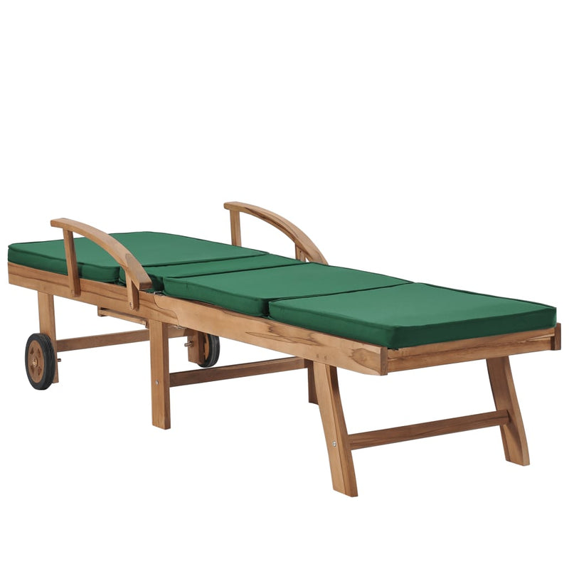 Sun Lounger with Cushion Solid Teak Wood Green