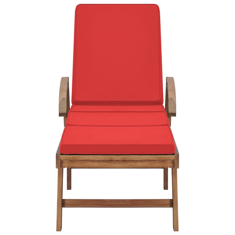 Sun Lounger with Cushion Solid Teak Wood Red