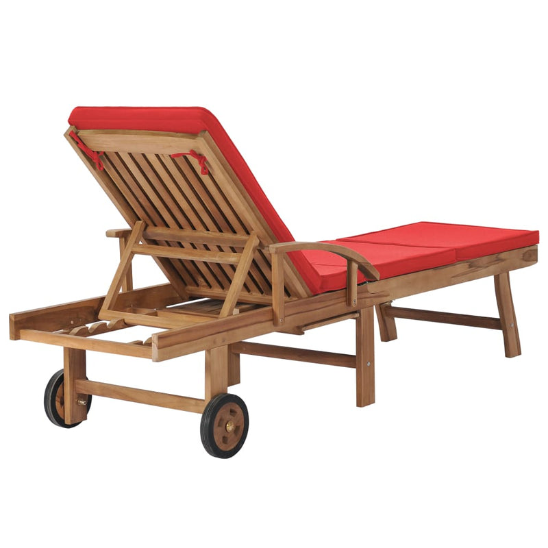 Sun Lounger with Cushion Solid Teak Wood Red