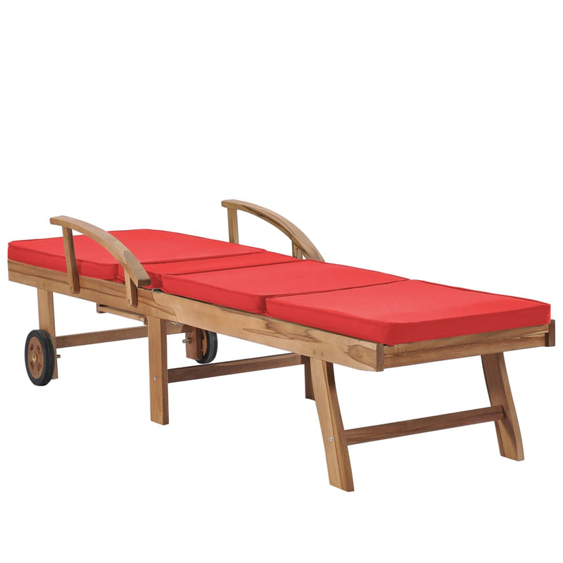 Sun Lounger with Cushion Solid Teak Wood Red