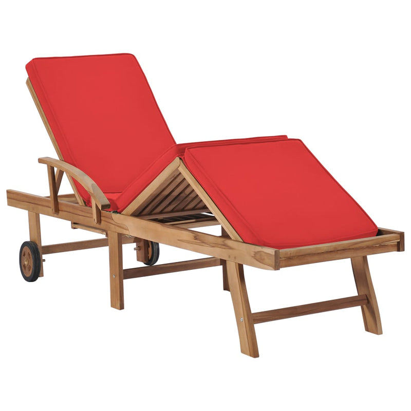 Sun Lounger with Cushion Solid Teak Wood Red