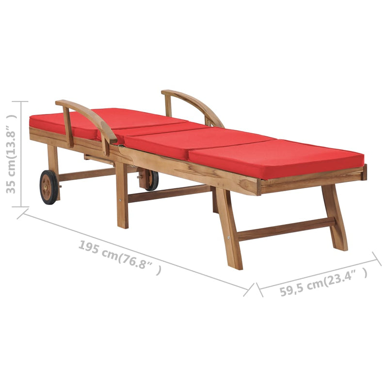 Sun Lounger with Cushion Solid Teak Wood Red