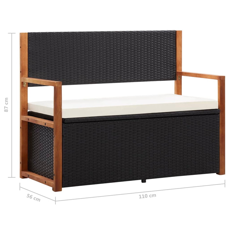 Storage Bench 110 cm Poly Rattan and Solid Acacia Wood Black