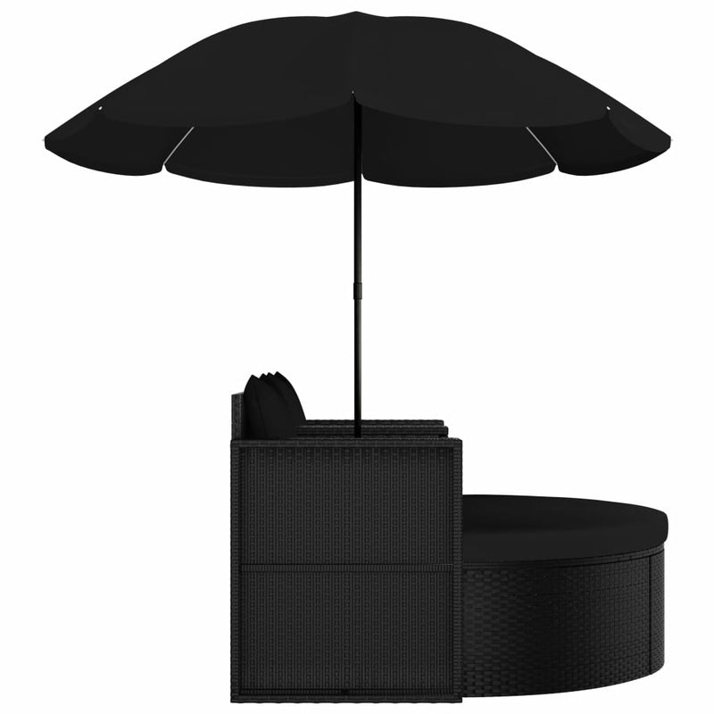 Garden Bed with Parasol Poly Rattan Black
