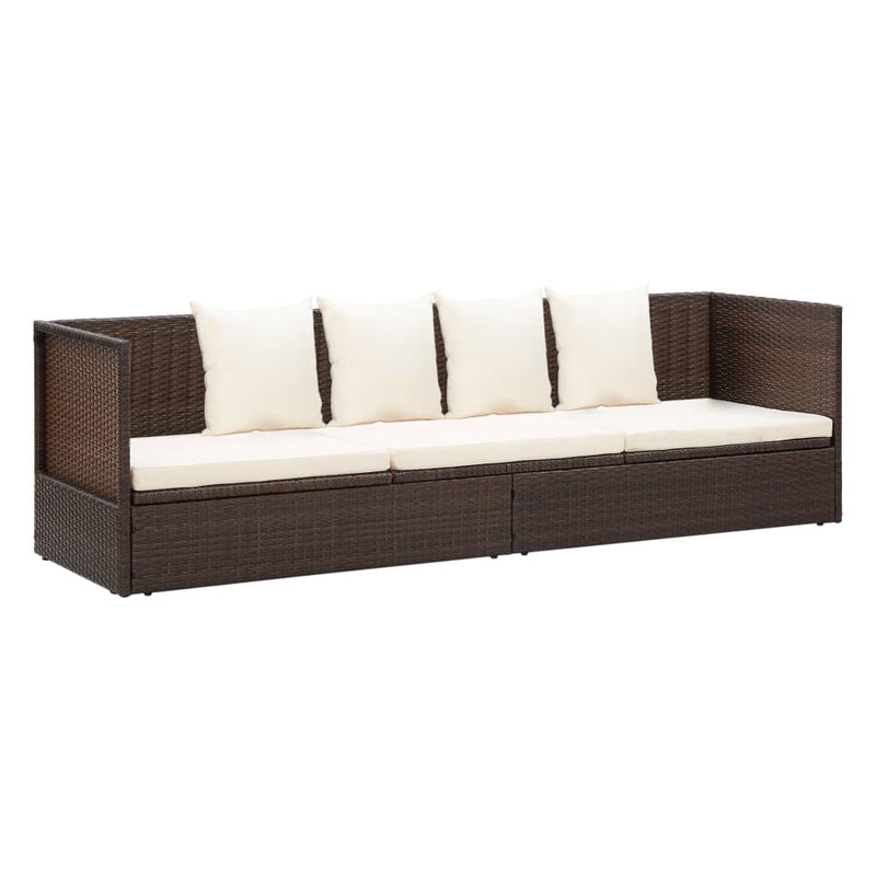 Outdoor Lounge Bed with Cushion & Pillows Poly Rattan Brown