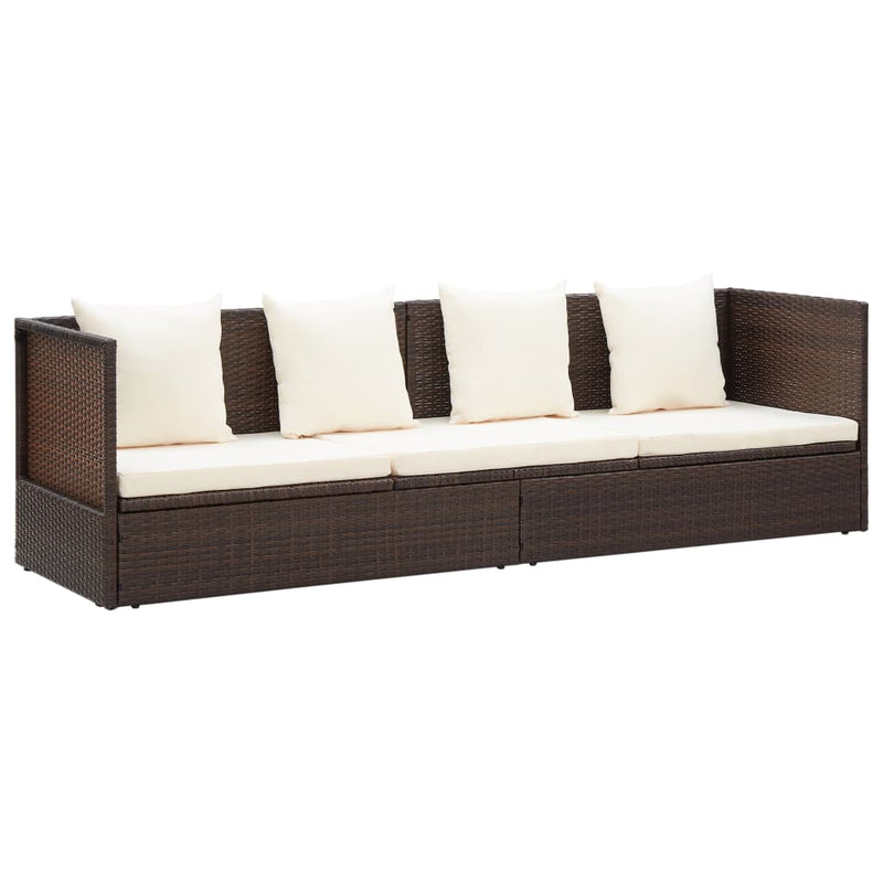 Outdoor Lounge Bed with Cushion & Pillows Poly Rattan Brown