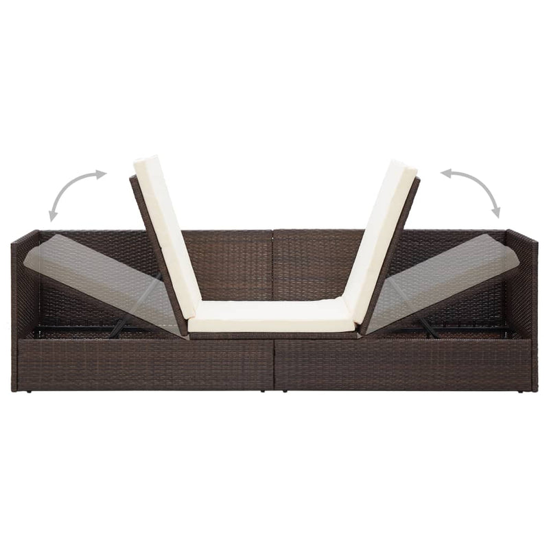 Outdoor Lounge Bed with Cushion & Pillows Poly Rattan Brown