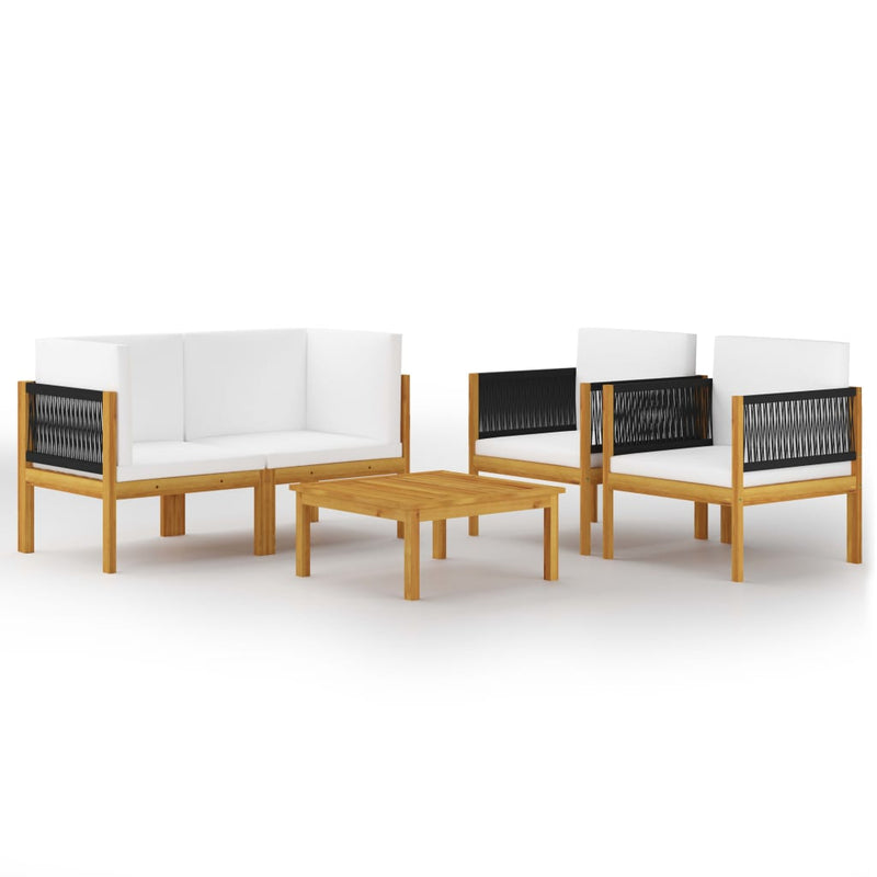 5 Piece Garden Lounge Set with Cushions Cream Solid Acacia Wood