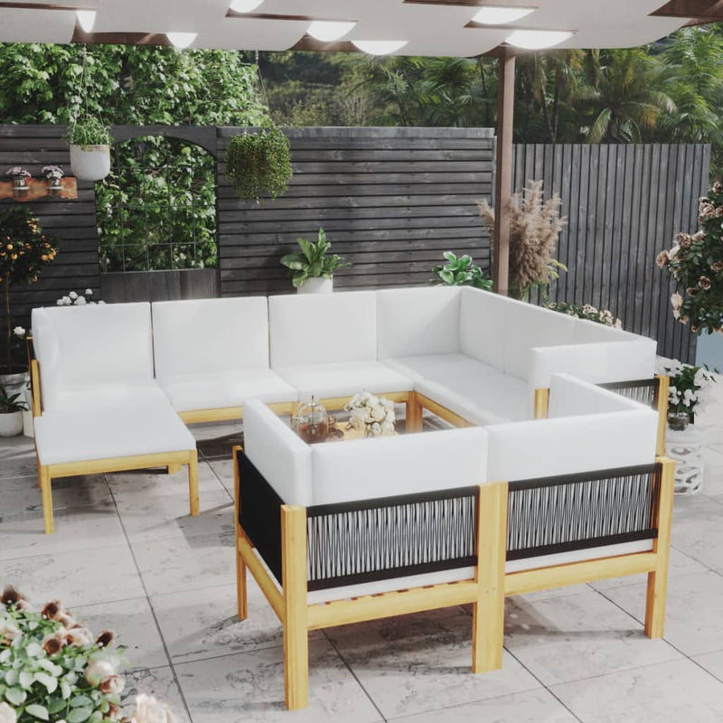 10 Piece Garden Lounge Set with Cushions Cream Solid Acacia Wood