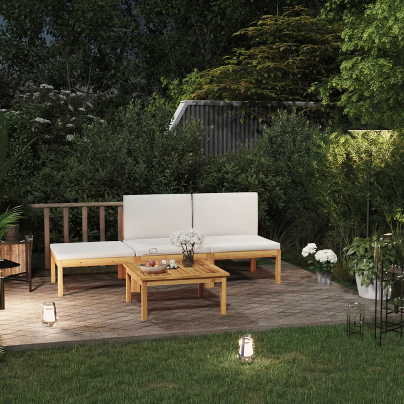 4 Piece Garden Lounge Set with Cushions Cream Solid Acacia Wood