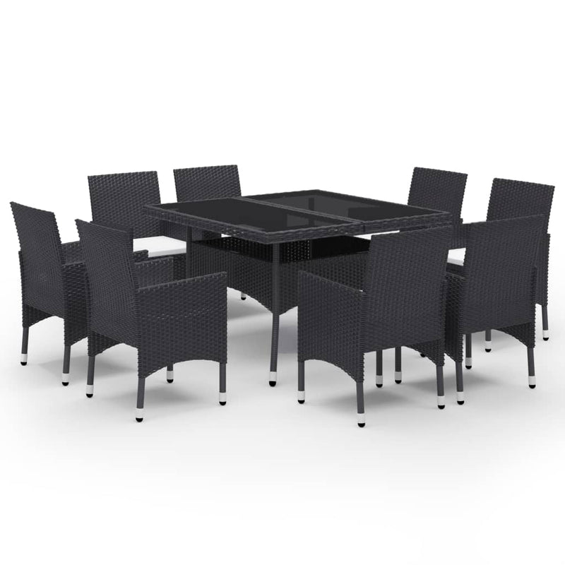 9 Piece Garden Dining Set Poly Rattan and Glass Black