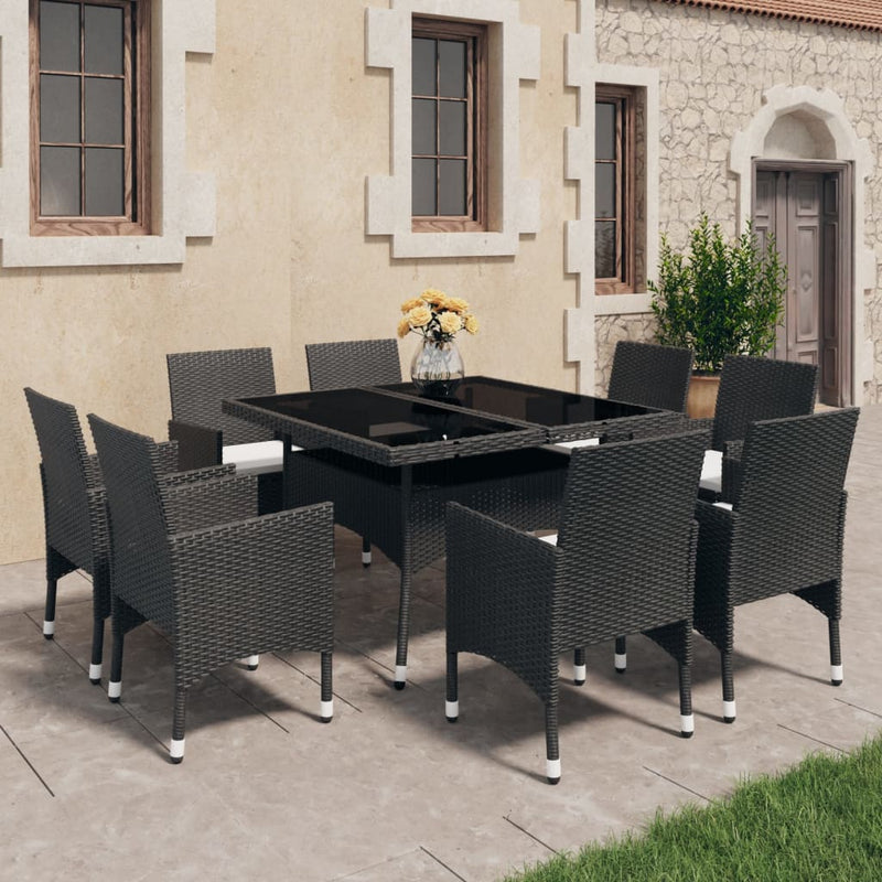 9 Piece Garden Dining Set Poly Rattan and Glass Black