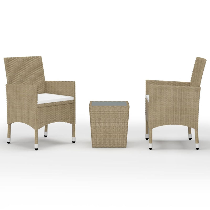 3 Piece Bistro Set Poly Rattan and Tempered Glass Beige