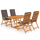 5 Piece Garden Dining Set with Grey Cushions Solid Teak Wood