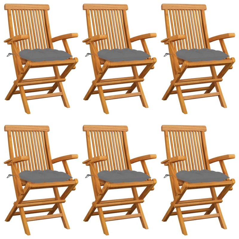 Garden Chairs with Grey Cushions 6 pcs Solid Teak Wood