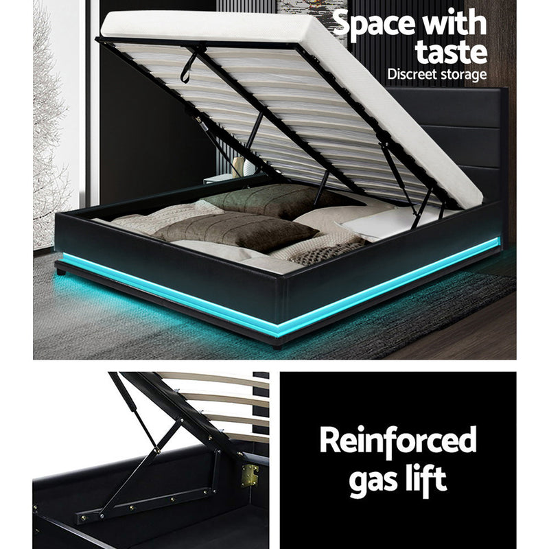 Ulen Double PVC LED Gas Lift Bed - Black